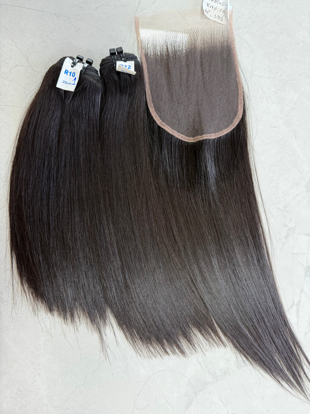 Raw Vietnamese hair bundle pack 12 inch bone straight, 2 bundles and hd 5x5 closure shown together