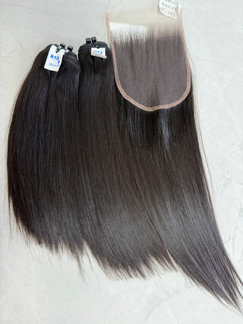 Raw Vietnamese hair bundle pack 12 inch bone straight, 2 bundles and hd 5x5 closure shown together
