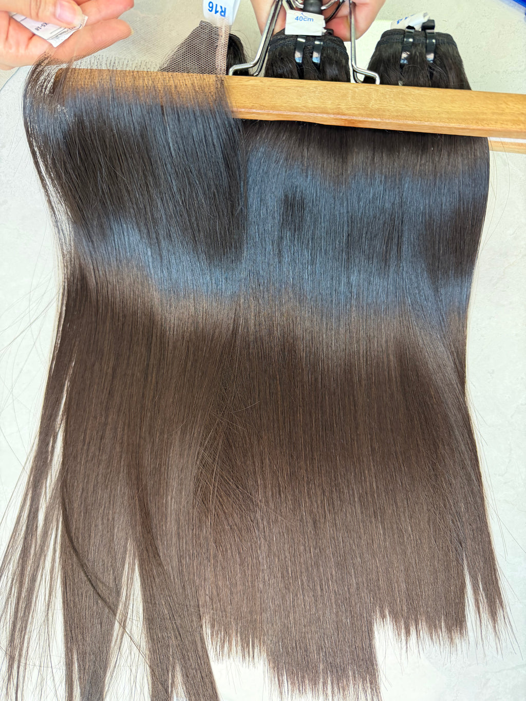 Raw Vietnamese hair bundle pack 16 inch bone straight, 2.5 bundles and hd 5x5 closure shown together