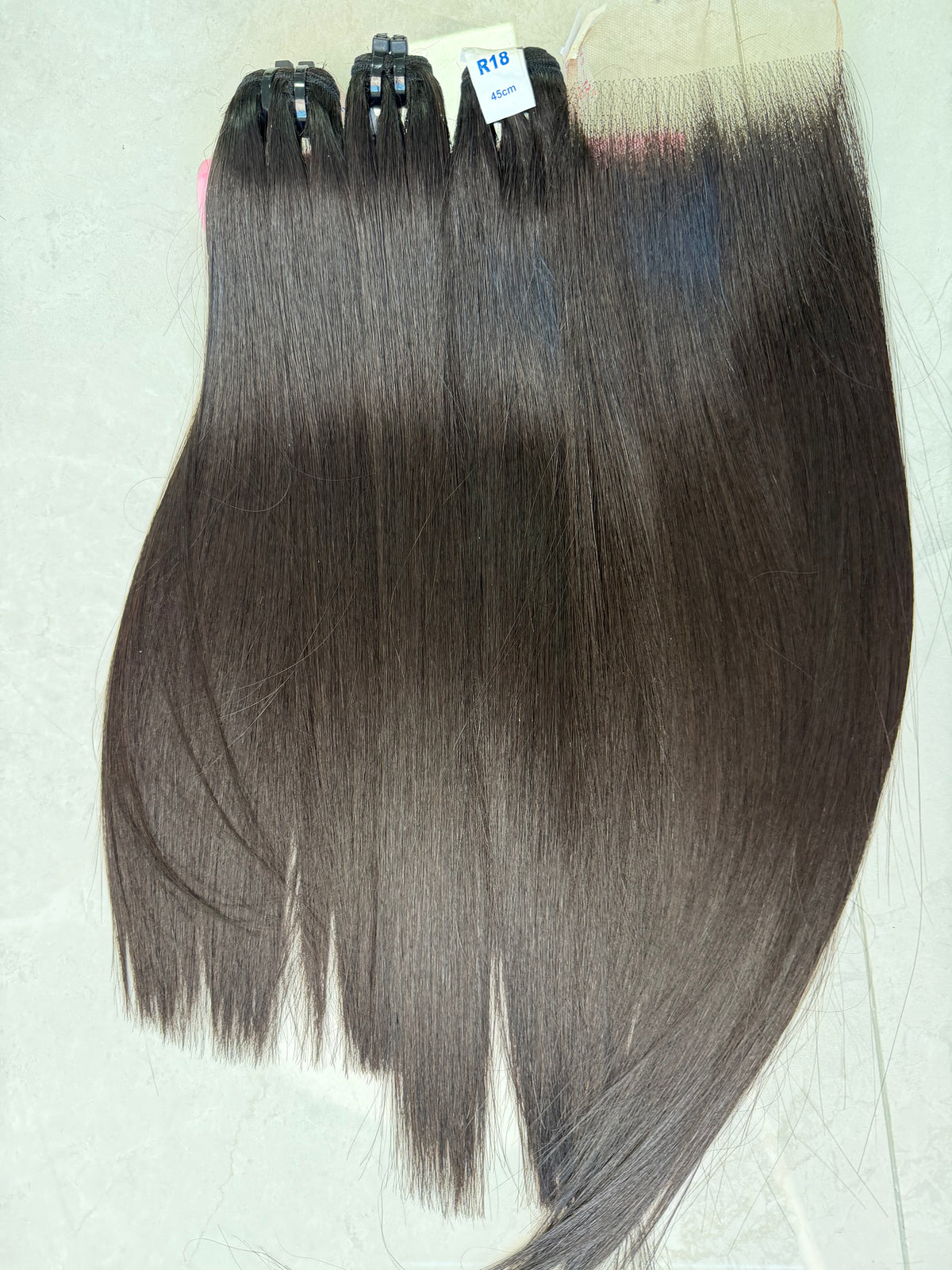 Raw Vietnamese hair bundle pack 18 inch bone straight, 2.5 bundles and hd 5x5 closure shown together